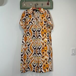 Ashley Stewart bohemian print linen Midi Shirt Dress 14 Orange Brown Button down